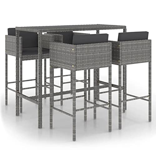 Tidyard 5-TLG. Gartenbar Set Outdoor, Bartisch mit Glas-Tischplatte & Barhocker mit Kissen, Gartenmöbel Poly Rattan Grau von Tidyard