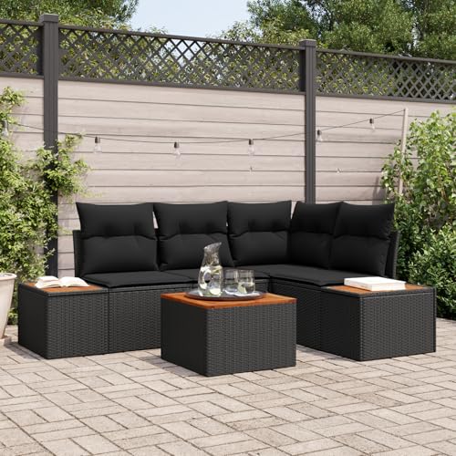 Tidyard 5-teiliges Garten-Sofa-Set mit Kissen Schwarz Poly-Rattan Akazie von Tidyard