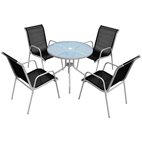 Tidyard 5-teiliges Gartenmöbel Set Gartengarnitur Sitzgruppe Sitzgarnitur aus Stapelbar stühlen & Esstisch Stahl Glas Textilene Grau und Schwarz von Tidyard