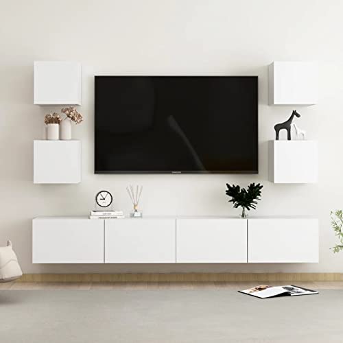Tidyard 6-TLG. Wohnwand Komplett-Set Lowboard Wohnwand Set TV-Schrank Hängeschrank Mediawand Schrankwand Spanplatte Weiß von Tidyard