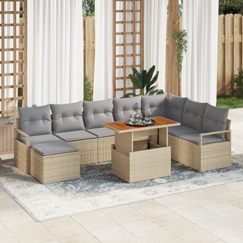 Tidyard 9-TLG. Garten-Sofagarnitur mit Kissen Beige Poly Rattan Akazie von Tidyard