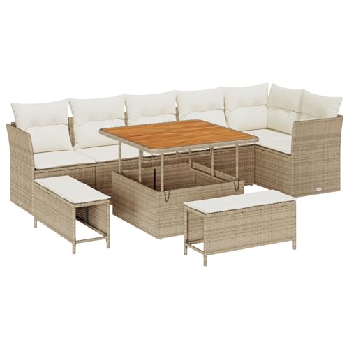 Tidyard 9-teiliges Gartensofa Set mit Kissen beige Poly Rattan Akazie Lounge Möbel Outdoor von Tidyard