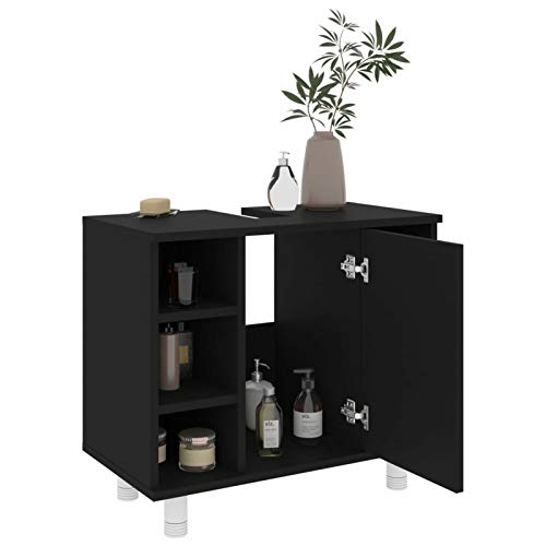 Tidyard Badezimmerschrank Unterschrank mit 7 Fächer Badschrank Waschbeckenunterschrank Waschtischunterschrank Badmöbel Schwarz 60x32x53,5 cm Holzwerkstoff von Tidyard