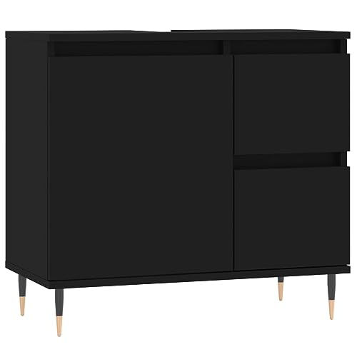 Tidyard Badschrank Badezimmerschrank Badregal Badmöbel Schrank Badezimmer Regal Unterschrank 1 Fach mit Tür und 2 Schubladen Schwarz 65x33x60 cm Holzwerkstoff von Tidyard