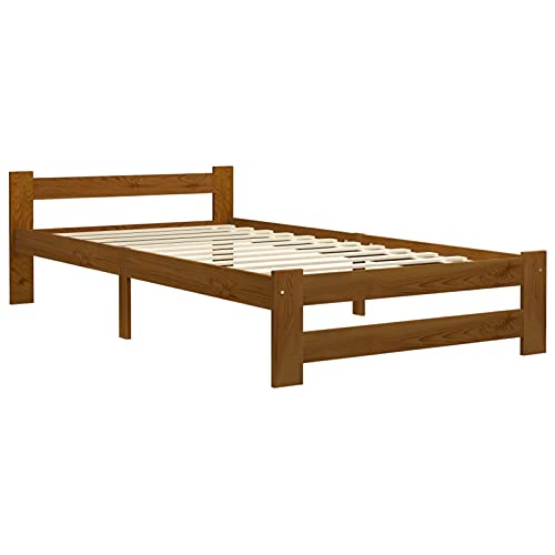 Tidyard Bettgestell Holzbett Futonbett Bett Einzelbett Massivholzbett Gästebett Bettrahmen Lattenrost Schlafzimmerbett Jugendbett Designerbett 100 x 200 cm (B x L) Massives Kiefernholz,Honigbraun von Tidyard