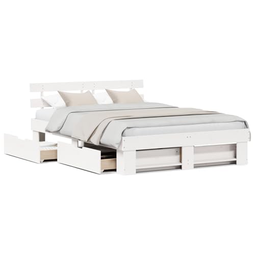 Tidyard Bettgestell mit Schubladen mit Kopfteil mit Speicher Weiß 160 x 200 cm Massivkiefer, Plattformbettgestell doppelbett einzelbetten für Schlafzimmer Gästezimmer3382269 von Tidyard