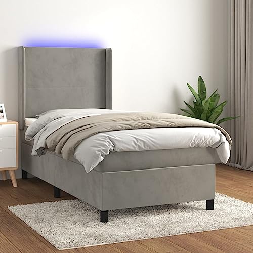 Tidyard Boxspringbett mit Matratze & LED Bettgestell Bettrahmen Einzelbett/Doppelbett Bett Polsterbett mit Lattenrost Seniorenbett Schlafzimmerbett Designerbett Hotelbett Hellgrau 90x200 cm Samt von Tidyard