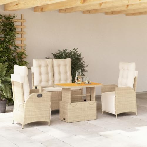 Tidyard Garten Essgruppe mit Kissen 4-TLG.Gartenmöbel Set Sitzgruppe,Essgarnitur Gartengarnitur,Terrasse Balkon Möbel Garnitur,Esstisch mit Verstellbare Tischplatte & 2 Stühle 1 Relaxbank Poly Rattan von Tidyard