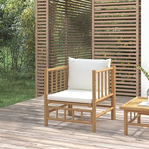 Tidyard Gartensessel Sessel Gartenstuhl Gartenstühle Gartenmöbel Balkonstuhl Stuhl Essstuhl Essstühle Holzstuhl Terrassenstuhl, mit Cremeweißen Kissen Bambus von Tidyard