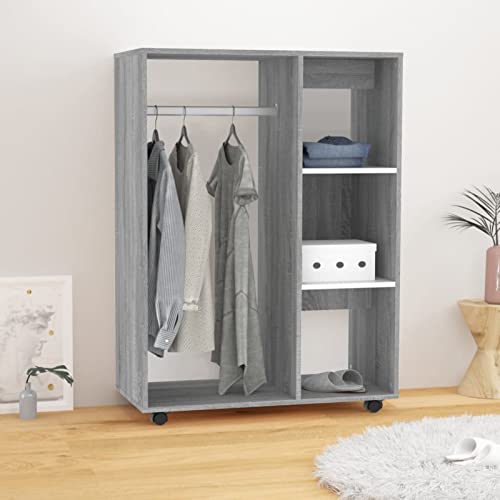 Tidyard Kleiderschrank mit Rollen Kleiderständer Schrank Kleiderstange Garderobenschrank Regal Offen Holzwerkstoff Grau Sonoma 80x40x110 cm von Tidyard