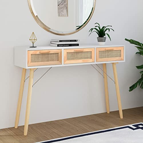 Tidyard Konsolentisch mit 3 Schubladen Konsole Beistelltisch Flurtisch Sideboard Ablagetisch Wandtisch Frisiertisch Schminktisch Massivholz Kiefer Natur-Rattan Weiß 105x30x75 cm von Tidyard