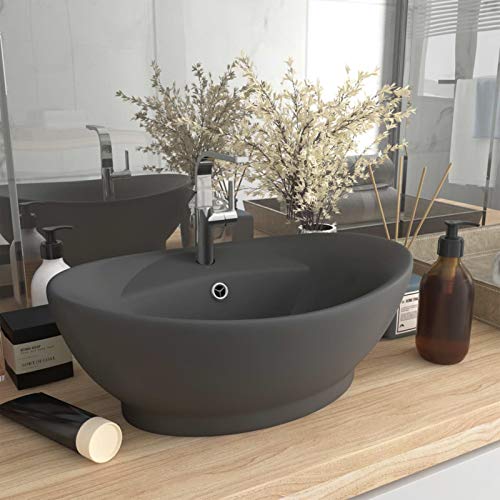 Tidyard Luxus Waschbecken Waschtisch Aufsatzwaschbecken Waschplatz Handwaschbecken Aufsatzwaschtisch mit Überlaufschutz Matt Dunkelgrau 58,5x39cm Keramik von Tidyard