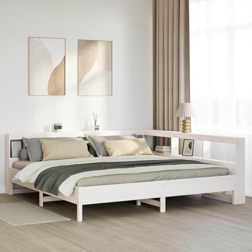 Tidyard Massivholzbett mit Regal ohne Matratze Weiß 200x200 cm Kiefer holzbett doppelbett einzelbetten für Schlafzimmer Gästezimmer von Tidyard