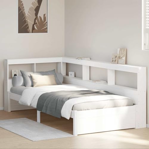 Tidyard Massivholzbett mit Regal ohne Matratze Weiß 90x200 cm Kiefer holzbett doppelbett einzelbetten für Schlafzimmer Gästezimmer von Tidyard
