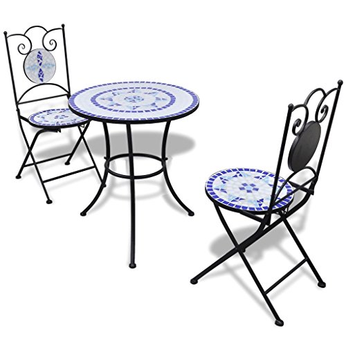 Tidyard Mosaik Bistroset 3-TLG. Sitzgruppe Balkonset Balkonmöbel Sitzgarnitur Gartenmöbel Mosaiktisch 2 Mosaikstühle Keramik Blau & Weiß von Tidyard