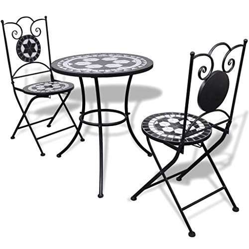 Tidyard Mosaik Bistroset 3-TLG. Sitzgruppe Balkonset Balkonmöbel Sitzgarnitur Gartenmöbel Mosaiktisch 2 Mosaikstühle Keramik Schwarz & Weiß von Tidyard