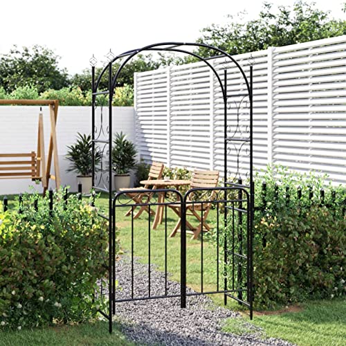 Tidyard Pergola mit Tor Rosenbogen Torbogen Rankhilfe Spalier Rankgitter Gartenbogen Gartentor Gartentür Schwarz 108x45x235 cm Stahl von Tidyard