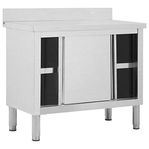 Tidyard Restaurantschrank Arbeitsschrank Gastro-Arbeitstisch Mit Stauraum,Aktenschrank Edelstahltisch 100 x 50 x 95 cm Mit 2 Schiebetüren,Edelstahl von Tidyard