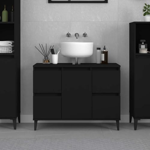 Tidyard Schwarz Waschbeckenunterschrank Holzwerkstoff 80x33x60 cm mit 4 Schubladen und Metallfüßen für modernes Badezimmer von Tidyard