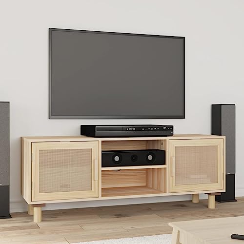 Tidyard TV Schrank mit 4 Fächern Lowboard TV Möbel Sideboard Fernsehtisch Fernsehschrank HiFi-Schrank Braun 105x30x40 cm Massivholz Kiefer Natur-Rattan von Tidyard