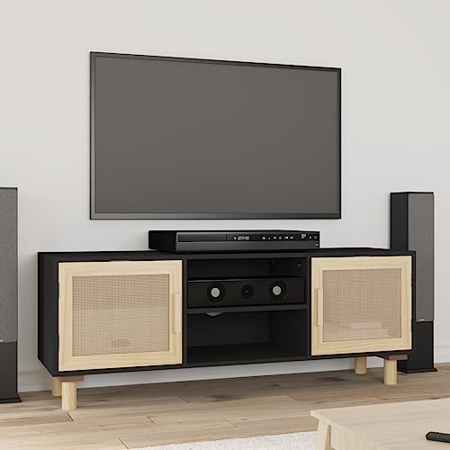 Tidyard TV Schrank mit 4 Fächern Lowboard TV Möbel Sideboard Fernsehtisch Fernsehschrank HiFi-Schrank Schwarz 105x30x40 cm Massivholz Kiefer Natur-Rattan von Tidyard