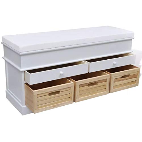 Tidyard Truhenbank Schubladenschrank Sitzbank mit 2 Schubladen und 3 Kisten, aus Paulownia Holz, 100 x 35 x 50 cm, Weiß von Tidyard