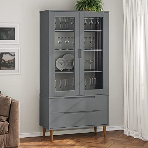 Tidyard Vitrinenschrank Bücherschrank mit 2 Schubladen und 4 Fächern mit 2 Glastüren Versehen Standvitrine Hochschrank Kommode Grau 90x35x175 cm Massivholz Kiefer von Tidyard
