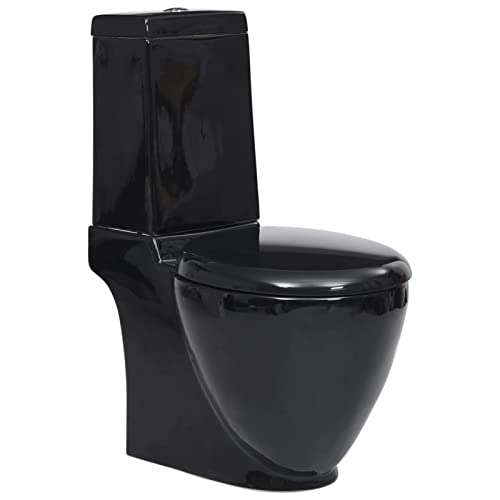 Tidyard WC Keramik Toilette 39 x 66 x 84 cm (L x B x H) Badezimmer Rund Senkrechter Abgang Soft-Close-Mechanismus Toilettensitz WC-Sitz Absenkautomatik Schwarz,Doppel-Spülung: 3 oder 6 L von Tidyard