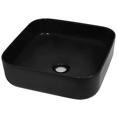 Tidyard Waschtisch, Quadratisch Aufsatzwaschbecken, Glasierte Keramik Schwarz, 38 x 38 x 13,5 cm (L x B x H) von Tidyard