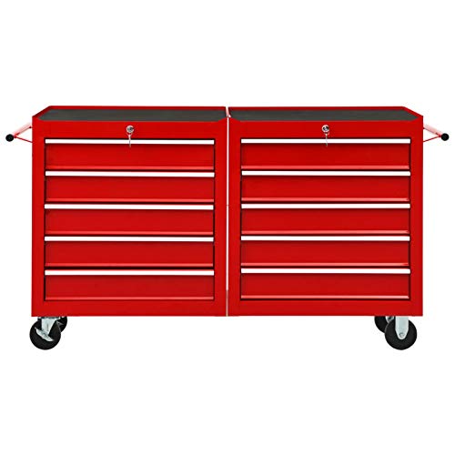 Tidyard Werkzeugwagen Werkstattwagen mit 10 Schiebeschubladen,Abschließbar, auf Rollen, Stahl Rot 140 x 33 x 77,2 cm von Tidyard