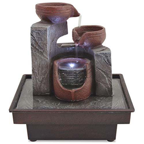 Tidyard Zimmerbrunnen mit LED-Beleuchtung, Indoor-Brunnen aus Polyresin mit Pumpe und Beleuchtung, 20 x 18 x 22 cm, Grau und Braun von Tidyard