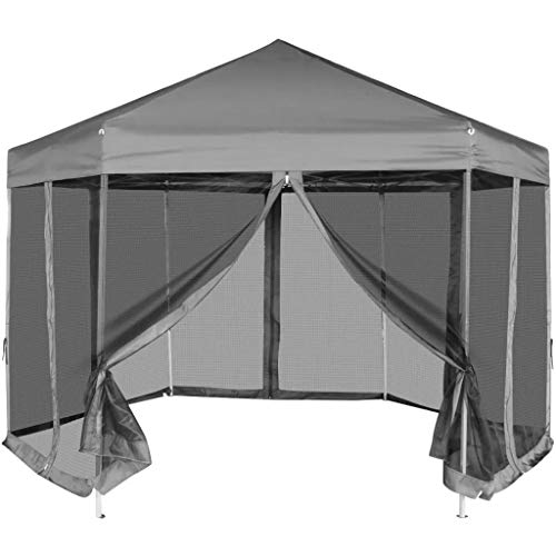 tidyard Sechseckiges Partyzelt Pop-Up Festzelt Faltbar Gartenzelt Garten Pavillon 3,6 x 3,1 m Faltpavillon mit 6 Netz-Seitenw?nde im Freien Sonnenschutz Grau von Tidyard