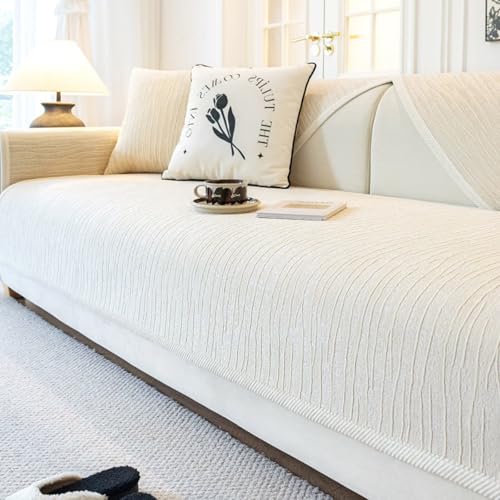 Tielag Sofa Überzug, Chenille Couch Überzug, rutschfeste Sofabezug, 1 2 3 4 Sitzer, Sofa Überwurfdecke Washable, Sofaschoner für L Form Sektionssofa, Beige, 90 x 160 cm von Tielag