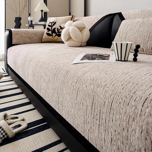 Tielag Sofa Überzug, Chenille Couch Überzug, rutschfeste Sofabezug, 1 2 3 4 Sitzer, Sofa Überwurfdecke Washable, Sofaschoner für L Form Sektionssofa, Hellbraun, 90 x 160 cm von Tielag