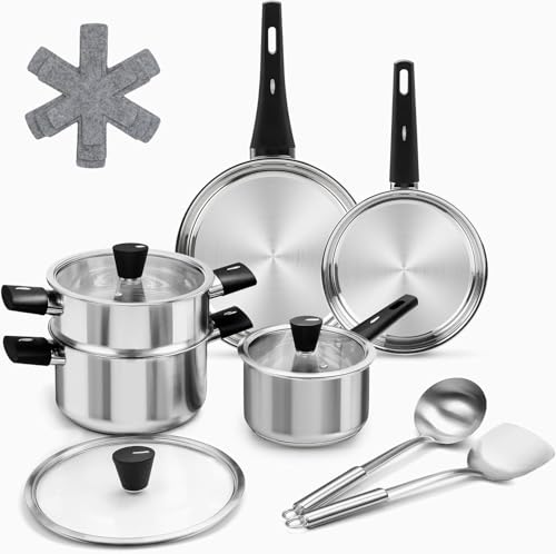 14-teiliges Edelstahl Topf und Pfannen Set, Induktions Topfset mit Kühlbleibender Griffen, Kochtopf Set mit Dampfer, Utensilienset & Topfschützer, Spülmaschinenfest & Kompatibel mit allen Herden von Tieplis