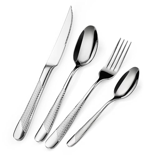 16-teiliges Besteckset, Edelstahlmesser und Gabel-Sets Service für 4, gehämmertes Muster Design Geschirr mit Gabeln/Löffel/Messer, modernes Besteck-Set für Zuhause/Restaurant/Party von Tieplis