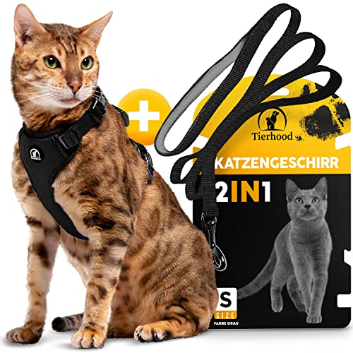 Katzengeschirr Set mit Leine für kontrollierte Freiheit - Komfortabel, Einstellbar & Robust - Geschirr für aktive Katzen (Schwarz, Größe S) von Tierhood