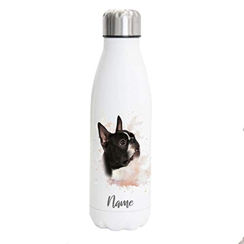 Boston Terrier Hundemotiv Edelstahl Thermosflasche/Trinkflasche 750 ml mit Wunschnamen oder Text personalisiert (Boston Terrier Watercolour) von Tierisch-tolle Geschenke