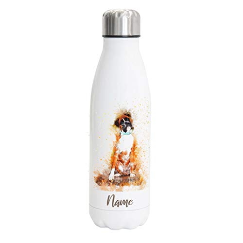 Deutscher Boxer Hundemotiv Edelstahl Thermosflasche/Trinkflasche 750 ml mit Wunschnamen oder Text personalisiert (Boxer Watercolour) von Tierisch-tolle Geschenke