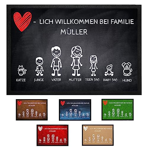 Fußmatte Familie personalisiert selbst gestalten Oma, Opa, Vater, Mutter, Kind(er) Baby(s), Hund, Katze, Hase, Auto | individuell Bedruckt | Strichmännchen | Geschenk (50 x 75 cm) von Tierisch-tolle Geschenke