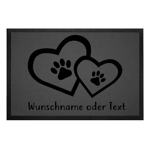 Fußmatte für Hundebesitzer „Herz und Pfote“ mit Namen | personalisiert | rutschfest | Waschbar (Graue Leinenoptik mit schwarzer Schrift) von Tierisch-tolle Geschenke