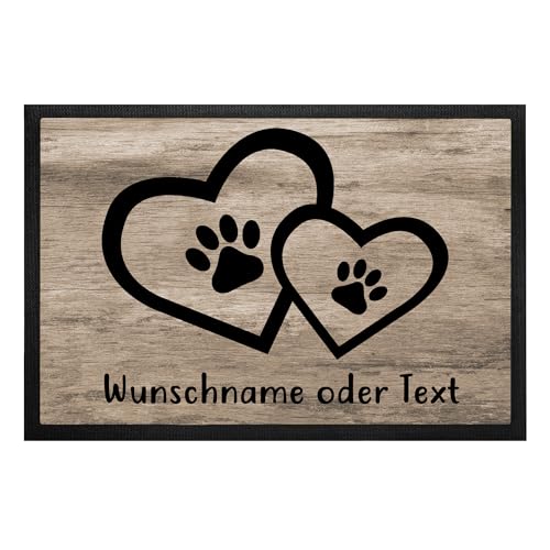Fußmatte für Hundebesitzer „Herz und Pfote“ mit Namen | personalisiert | rutschfest | Waschbar (Holzoptik mit schwarzer Schrift) von Tierisch-tolle Geschenke