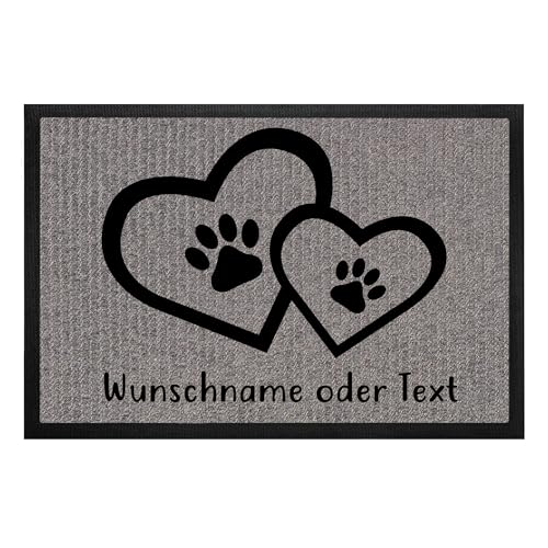 Fußmatte für Hundebesitzer „Herz und Pfote“ mit Namen | personalisiert | rutschfest | Waschbar (Teppichoptik mit schwarzer Schrift) von Tierisch-tolle Geschenke