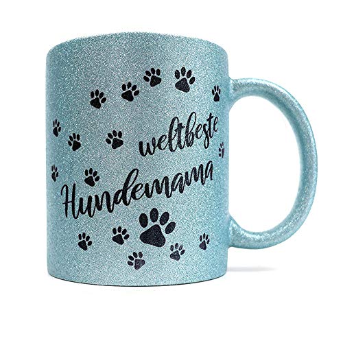 Hundefan Hundemotiv Glitzer Tasse mit Pfotenabdruck | Kaffeetasse | Kaffeebecher | Weltbeste HUNDEMAMA | 6 tolle Glitzerfarben wählbar | (Hellblau) von Tierisch-tolle Geschenke