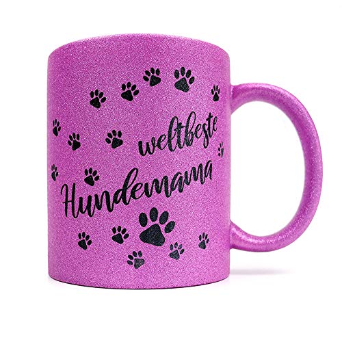 Hundefan Hundemotiv Glitzer Tasse mit Pfotenabdruck | Kaffeetasse | Kaffeebecher | Weltbeste HUNDEMAMA | 6 tolle Glitzerfarben wählbar | (Pink) von Tierisch-tolle Geschenke