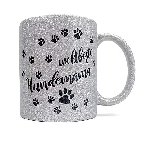 Hundefan Hundemotiv Glitzer Tasse mit Pfotenabdruck | Kaffeetasse | Kaffeebecher | Weltbeste HUNDEMAMA | 6 tolle Glitzerfarben wählbar | (Silber) von Tierisch-tolle Geschenke