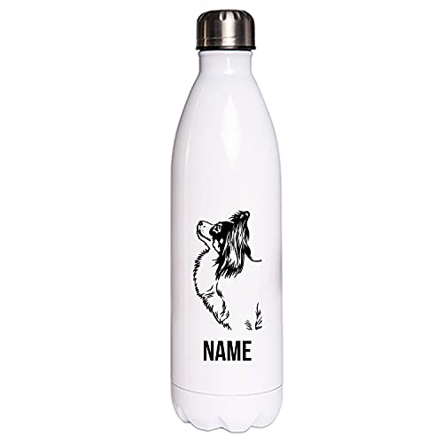 PAPILLON Hundemotiv Edelstahl Thermosflasche/Trinkflasche 750 ml mit Wunschnamen oder Text personalisiert (Papiilon) von Tierisch-tolle Geschenke