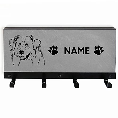 Tierisch-tolle Geschenke Australian Shepherd 4-Haken Leinengarderobe mit Name | Hundegarderobe | Leinenhalter | Hundeleinen Halter | Personalisiert (Betonoptik) von Tierisch-tolle Geschenke