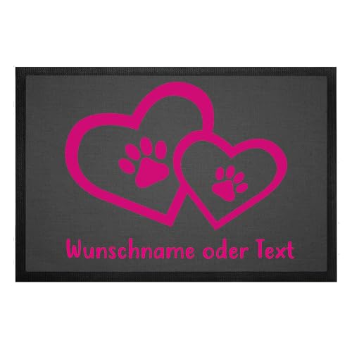 Tierisch-tolle Geschenke Fußmatte für Hundebesitzer „Herz und Pfote“ mit Namen | personalisiert | rutschfest | Waschbar (Graue Leinenoptik mit Pinker Schrift) von Tierisch-tolle Geschenke
