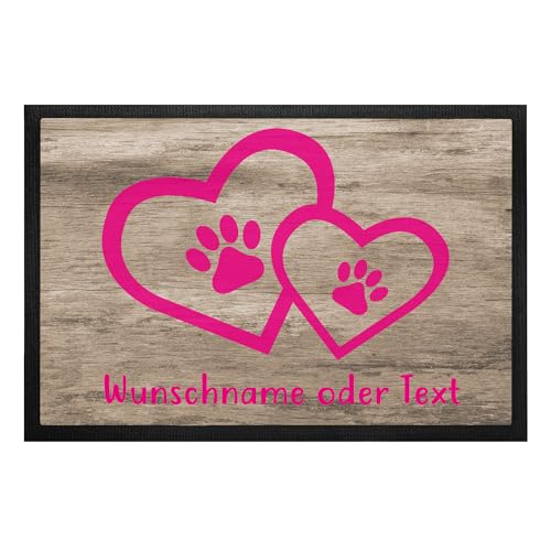 Tierisch-tolle Geschenke Fußmatte für Hundebesitzer „Herz und Pfote“ mit Namen | personalisiert | rutschfest | Waschbar (Holzoptik mit Pinker Schrift) von Tierisch-tolle Geschenke